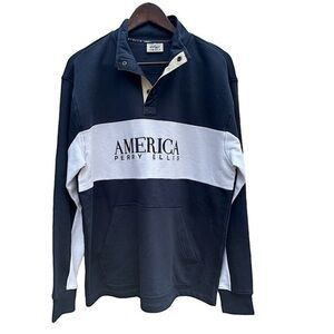 Perry Ellis America Navy Blue & White Pullover Fleece Sweater Size M w/ Pocket